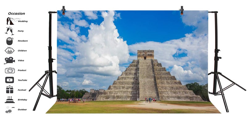 AOFOTO 7x5ft Maya Chichen Itza Pyramid Backdrop Ancient Mayan Ruins Wonder of The World Mexico Culture Historical Building Photography Background Blue Sky Clouds Travel Photo Booth Props Vinyl - Image 3